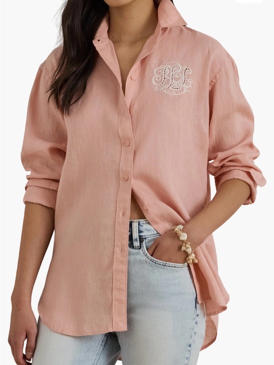 Lauren Ralph Lauren Tops - Lauren Ralph Lauren Pink Embroidered Monogram Button-Down Shirt